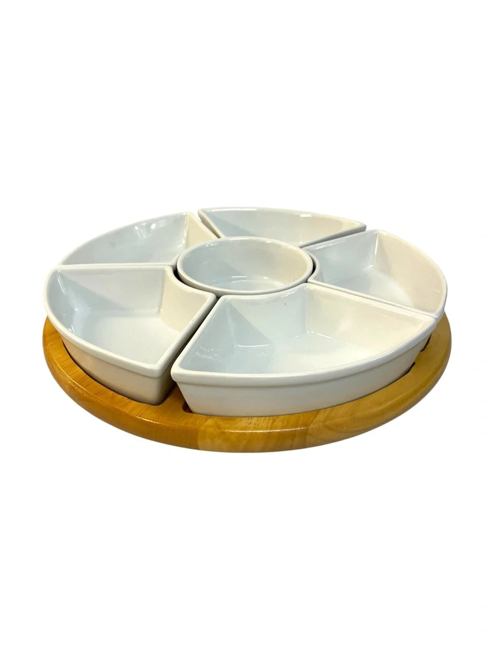 Ceramic Divided Appetizer Serving Set Lazy Susan Rotating Wood Base 6 Piece 13”